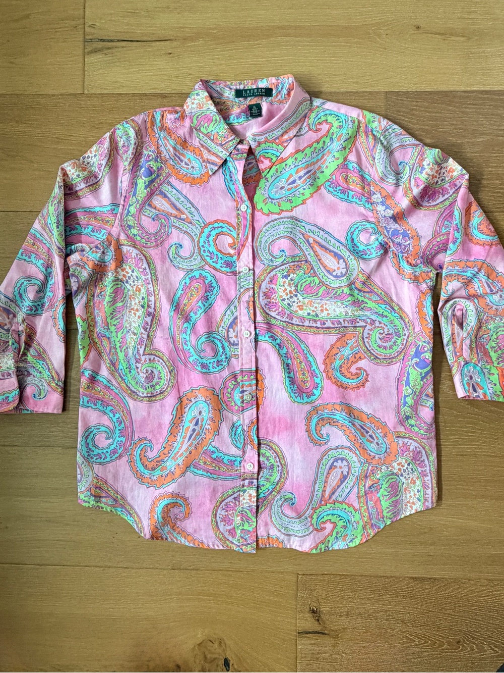 VTG Y2K Lauren Ralph Lauren Pink Button Down Shirt Paisley Pastel Cotton Wms XL